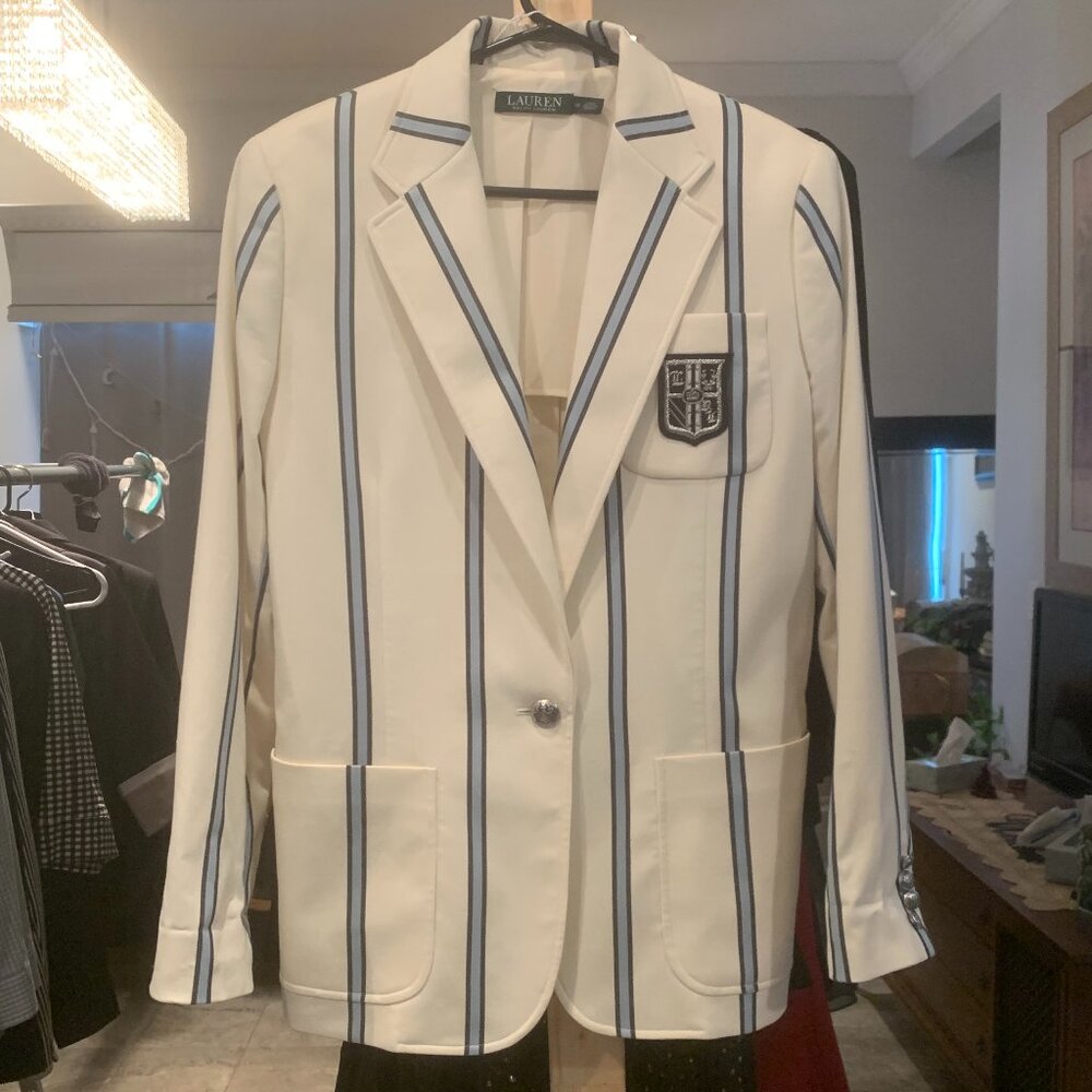 Ralph Lauren Size 12 White and Baby Blue Blazer with Emblem